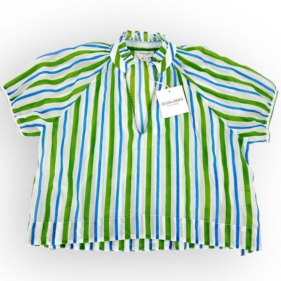 Olivia James The Label NWT Elizabeth Top‎ in Harbour Stripe Lime-  L cottagecore - Picture 6 of 7